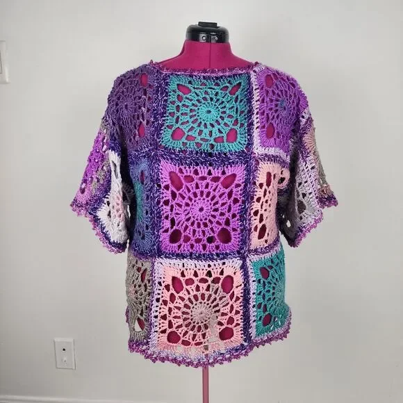 New Handmade Boho Crochet Granny Square Top - Vibrant Patchwork Festival Blouse - Picture 15 of 16